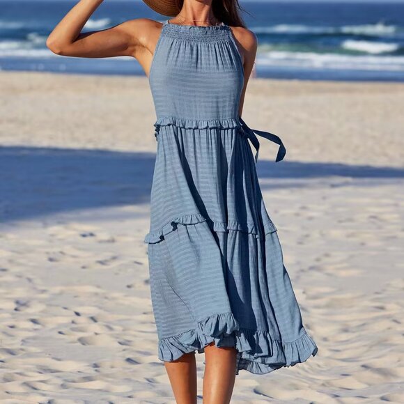 COPY - Cupshe Slate Smocked & Ruffled High Neck Maxi Dress - Picture 1 of 4